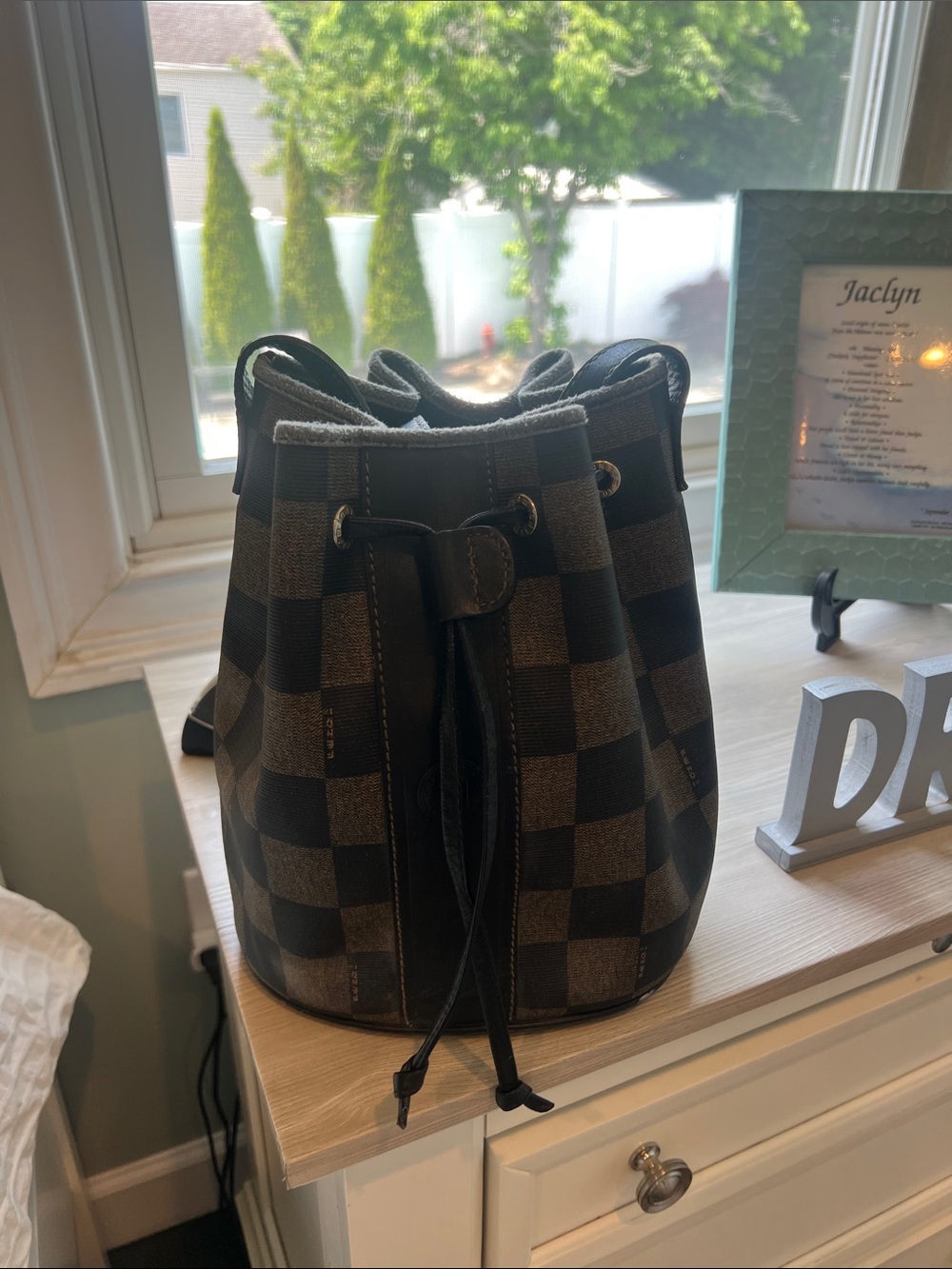 Fendi vintage checkered Drawstring Bucket Bag in Dark Brown